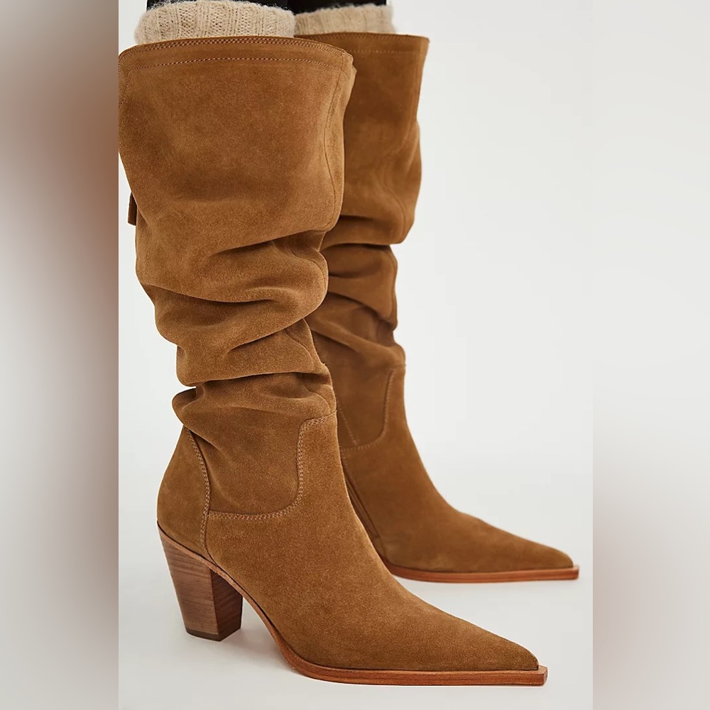New Free People Over The Moon Tan Suede Western Cowboy Slouchy Boot Shoes sz 7